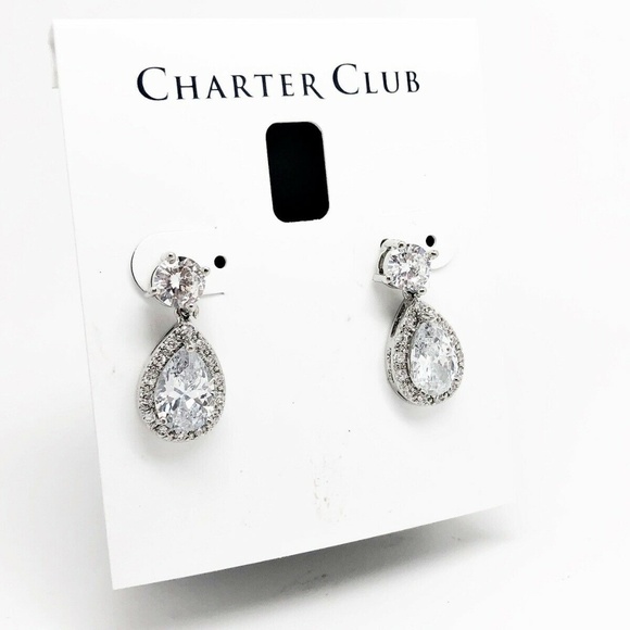 Charter Club Silver Clear Crystal Teardrop Earring - Picture 2 of 4
